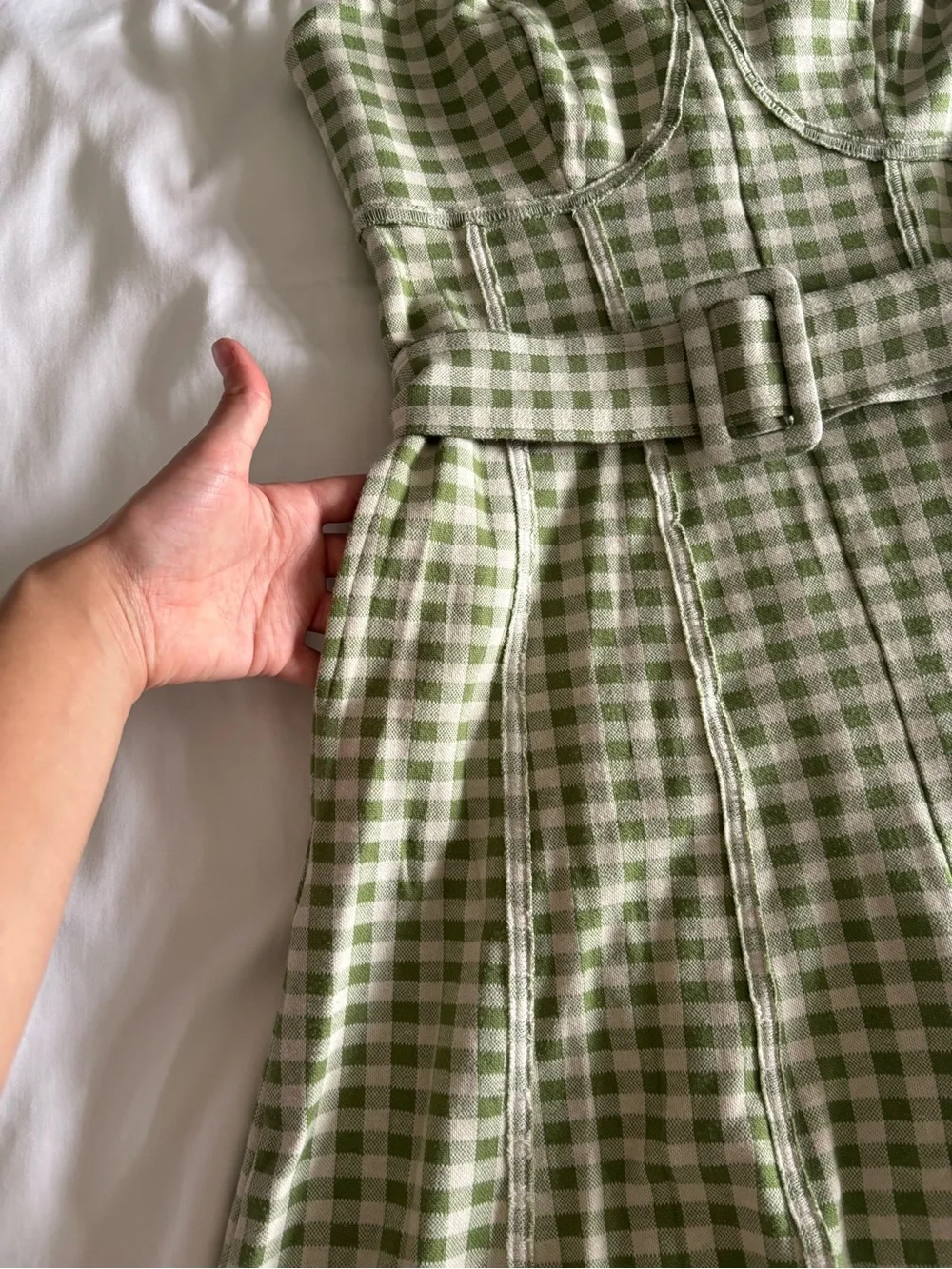 Free People Strapless Gingham Belted Midi Romper in Light Green and White